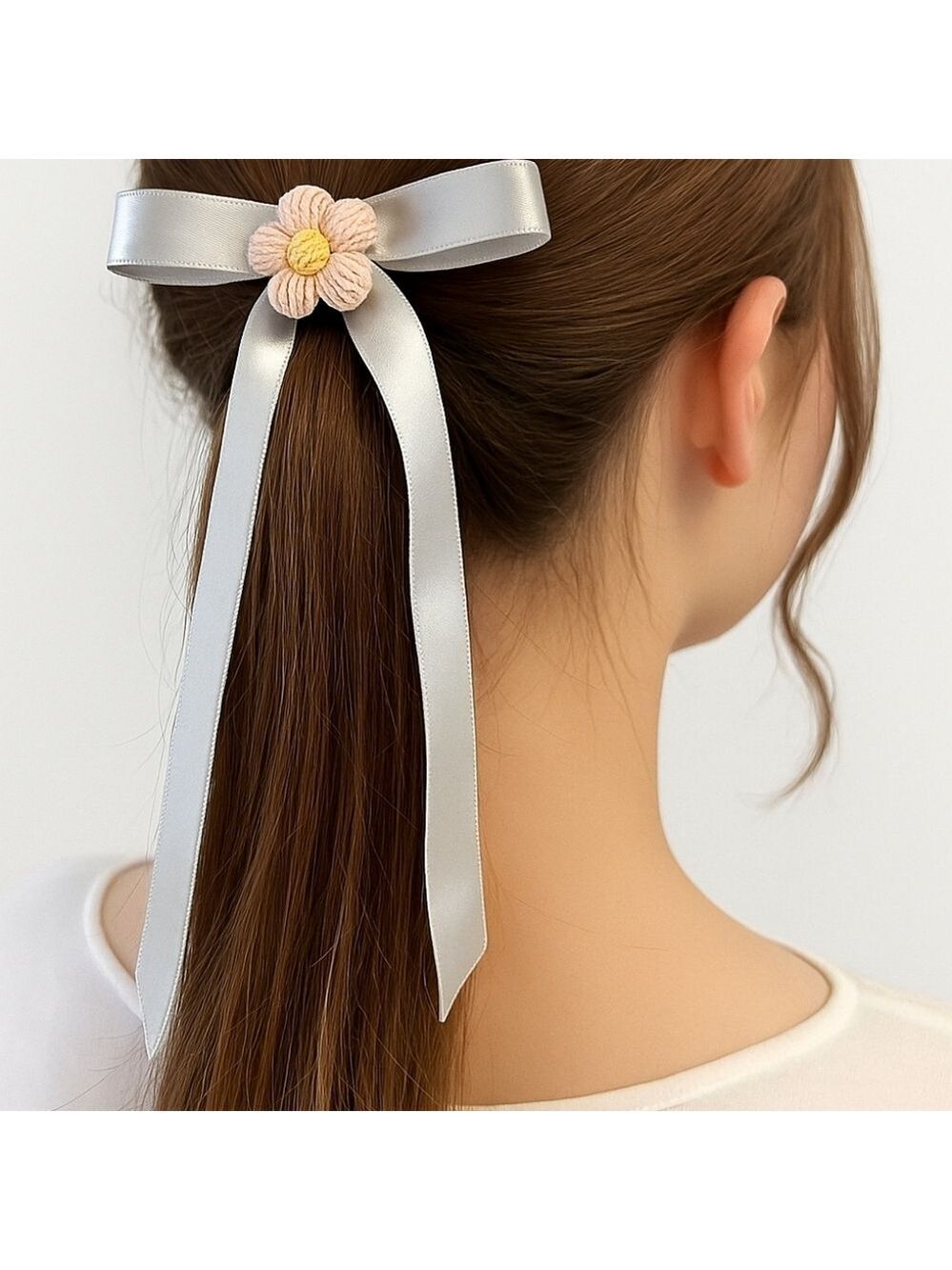 Hand Crafted Silver Bow Alligator Clip with Hand Knit Crochet Pink Puffy Flower